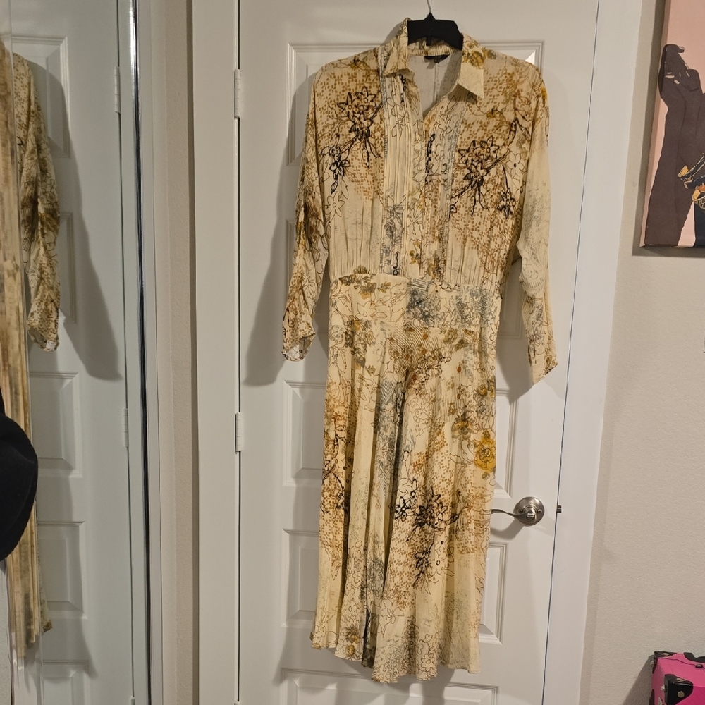 Massimo Dutti Cream and Brown Long Sleeve Dress